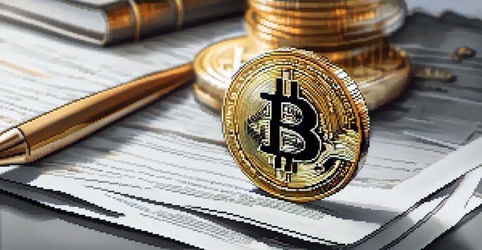 A Bitcoin coin on top of legal documents, representing cryptocurrency regulations.