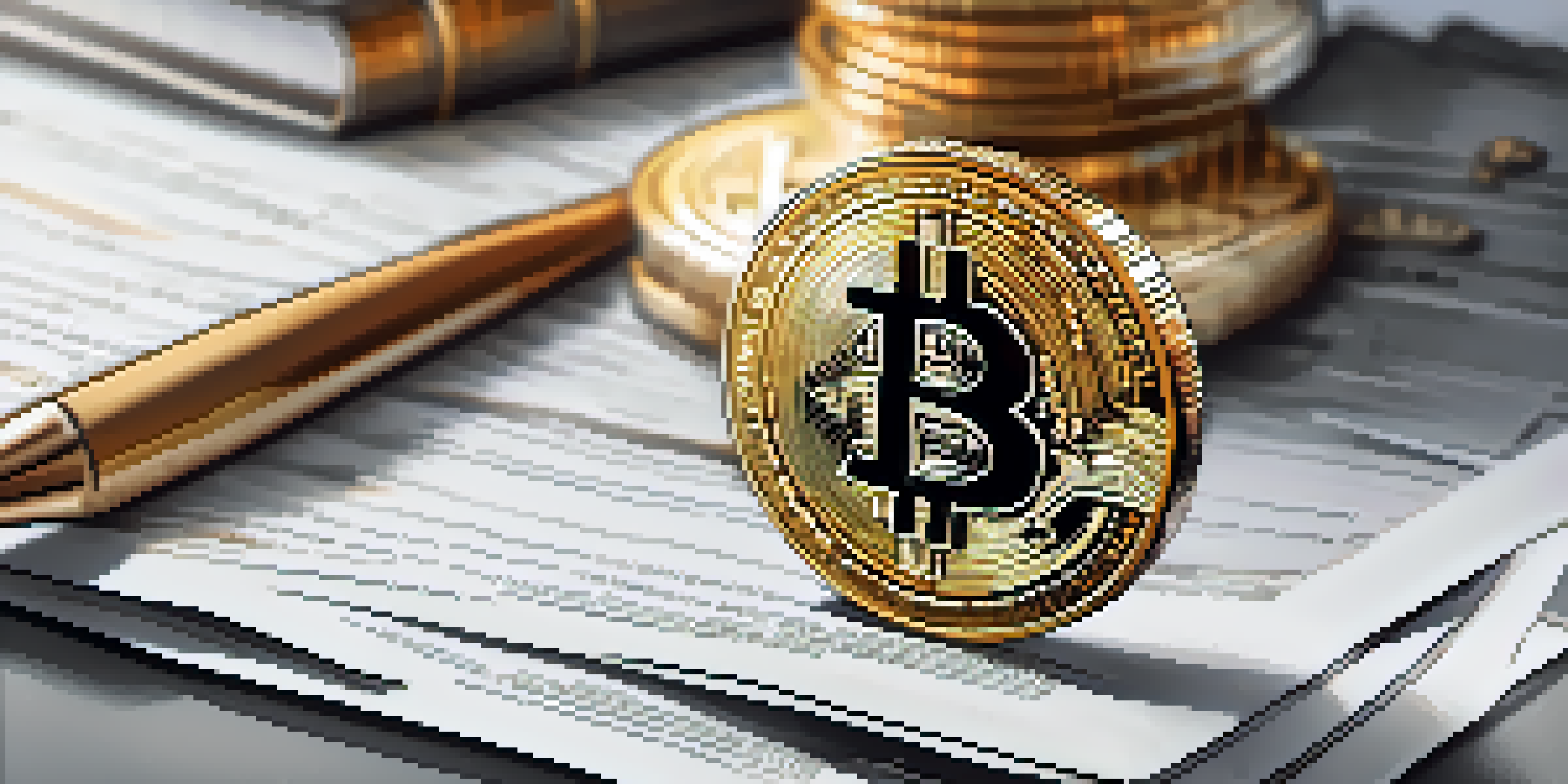 A Bitcoin coin on top of legal documents, representing cryptocurrency regulations.
