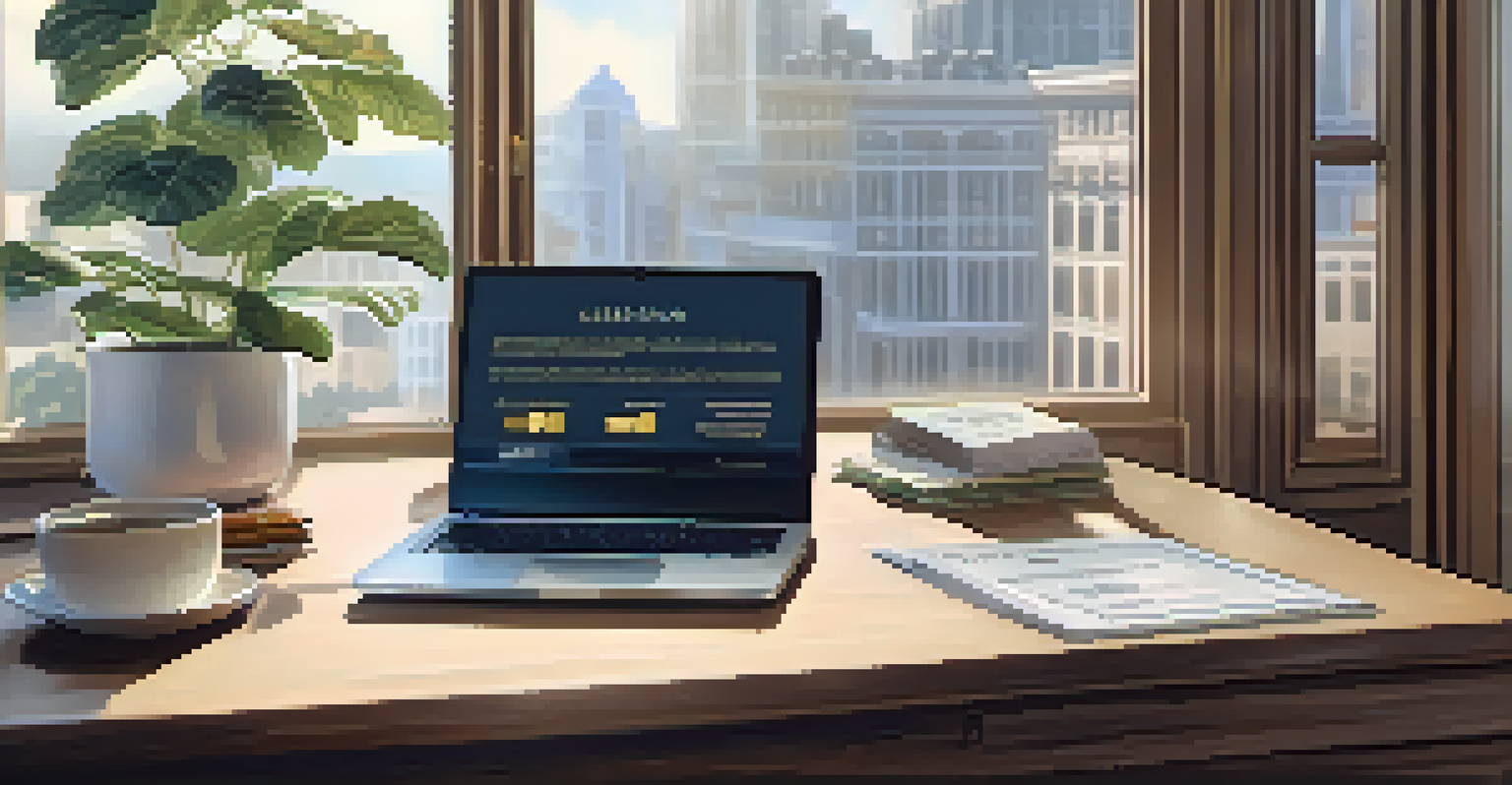 An office desk with a laptop, Bitcoin coin, and real estate documents in a well-lit environment.