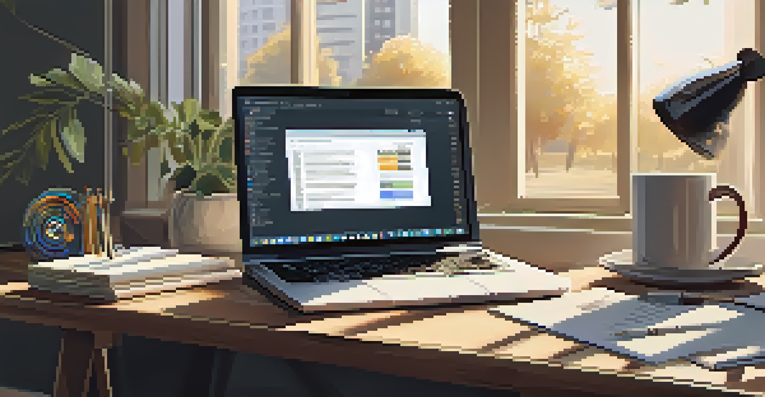 A peaceful workspace featuring a laptop open to cryptocurrency research, surrounded by financial books and handwritten notes, with soft natural light coming through a window.