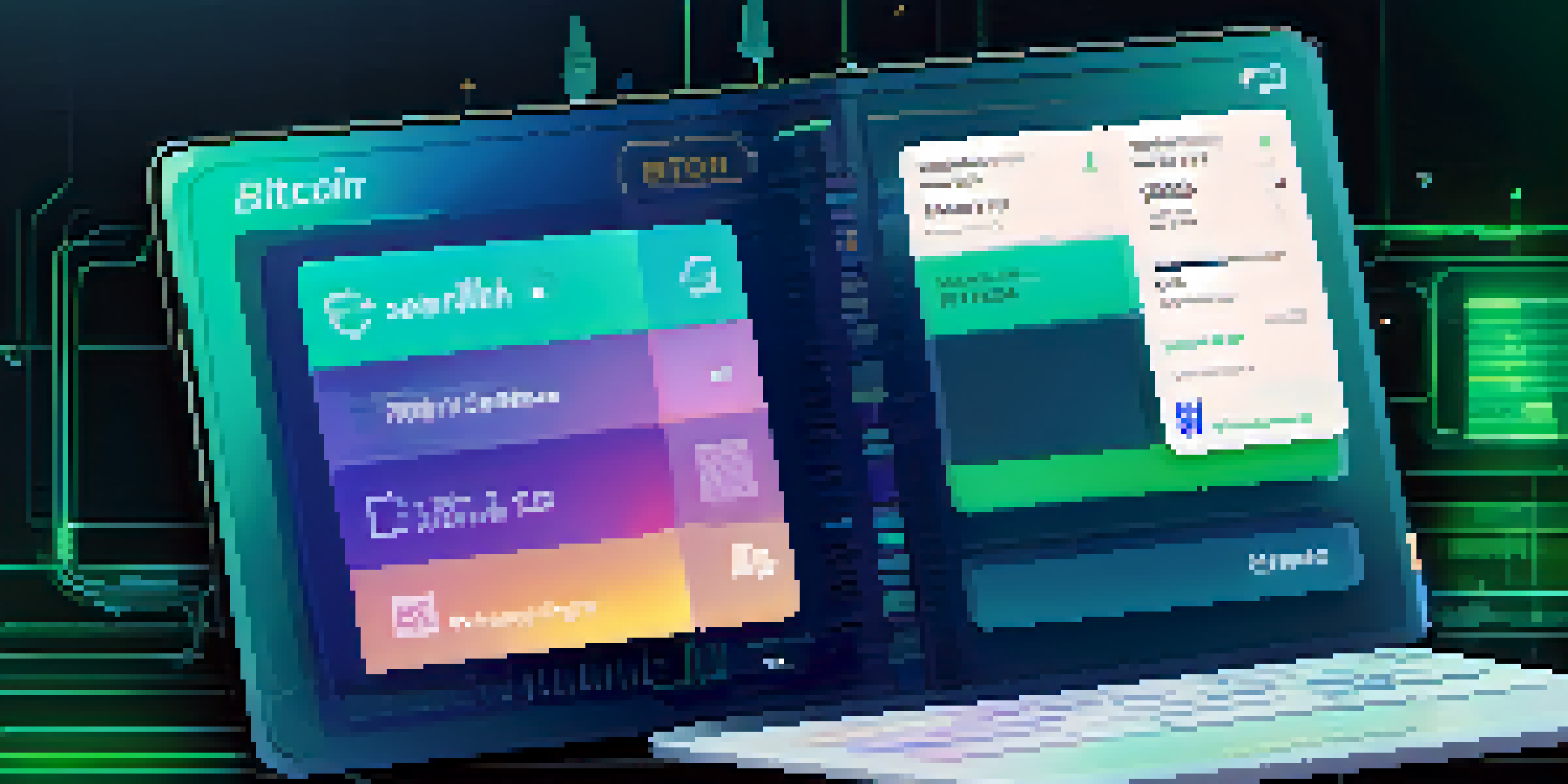 A digital wallet interface showcasing Bitcoin transactions and privacy features, highlighted in dark blues and greens.