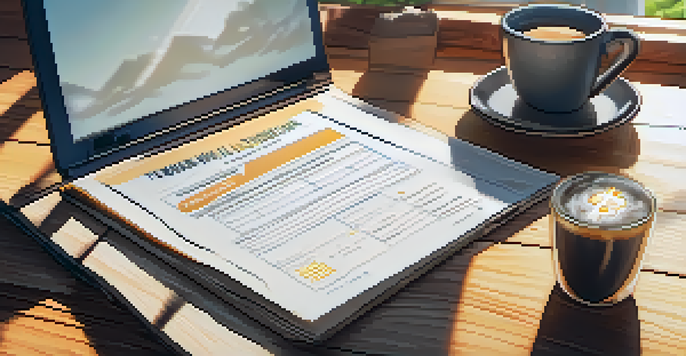 A close-up of a Bitcoin microloan application on a wooden desk with a laptop and coffee cup, illuminated by sunlight.