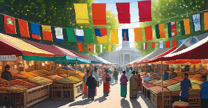 A bustling marketplace with diverse people exchanging goods, colorful stalls, and sunlight filtering through trees, symbolizing global collaboration.