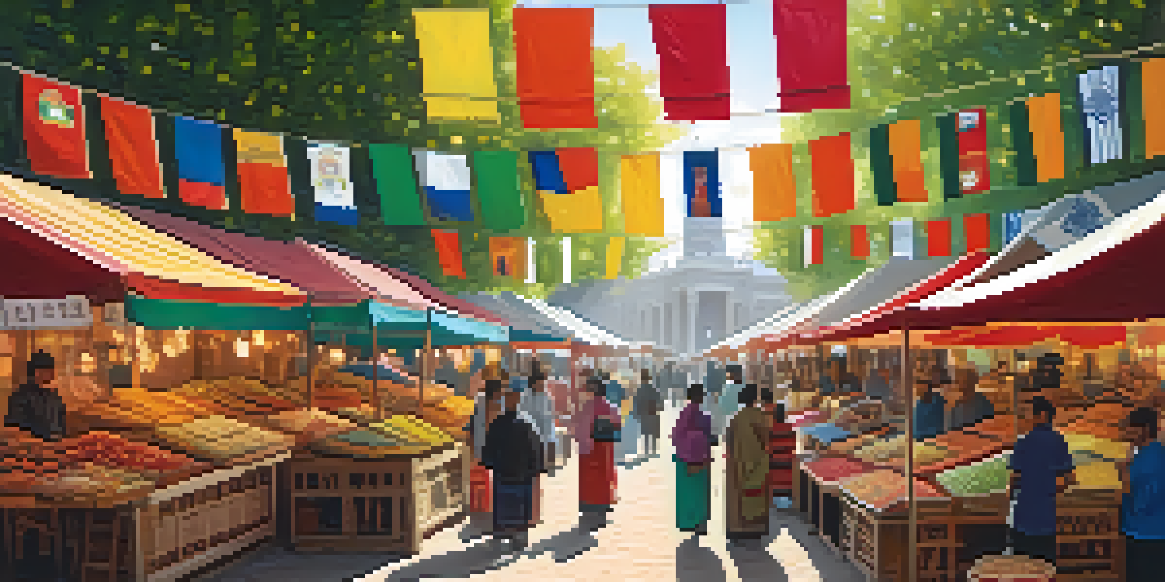 A bustling marketplace with diverse people exchanging goods, colorful stalls, and sunlight filtering through trees, symbolizing global collaboration.