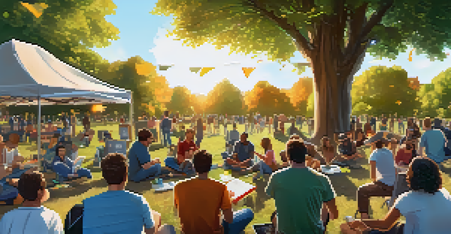 A community event in a park with people discussing Bitcoin, surrounded by trees and a banner for a Bitcoin meetup.