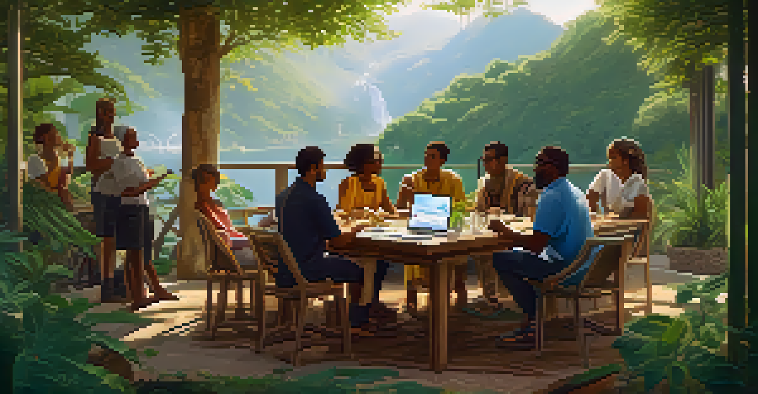 A diverse group of individuals discussing microfinance and Bitcoin at an outdoor table, surrounded by nature and sunlight filtering through trees.