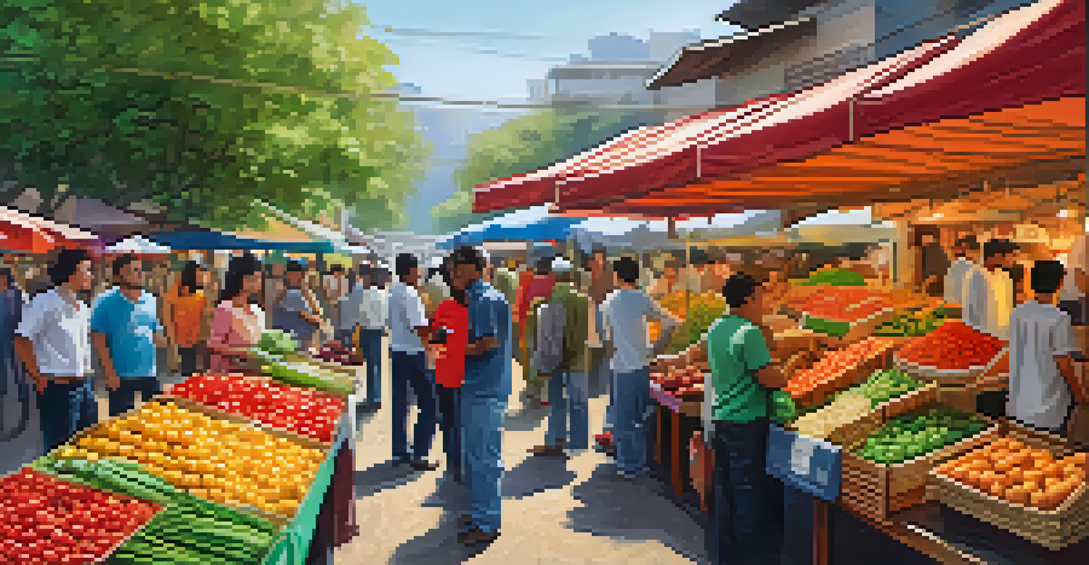 A lively market scene with local vendors accepting Bitcoin payments, colorful stalls filled with fresh produce and handmade goods, depicting community engagement.