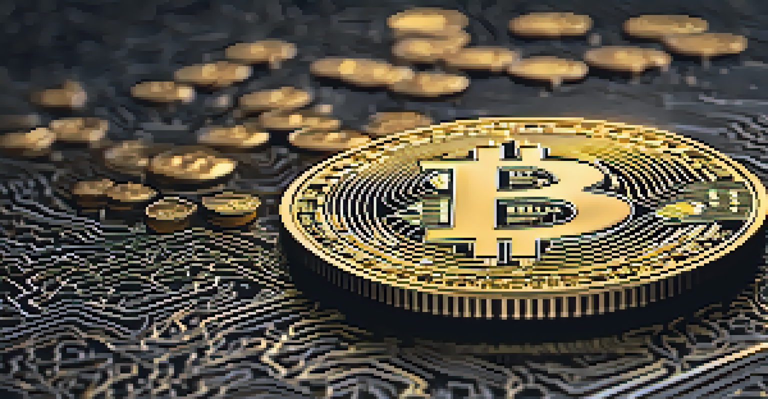 A shiny Bitcoin coin on a dark textured surface with soft lighting.