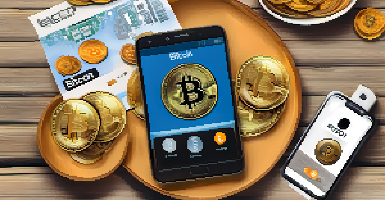 A flat lay image featuring a Bitcoin coin, QR code, and smartphone with Bitcoin app, set on a textured wooden surface with natural lighting.