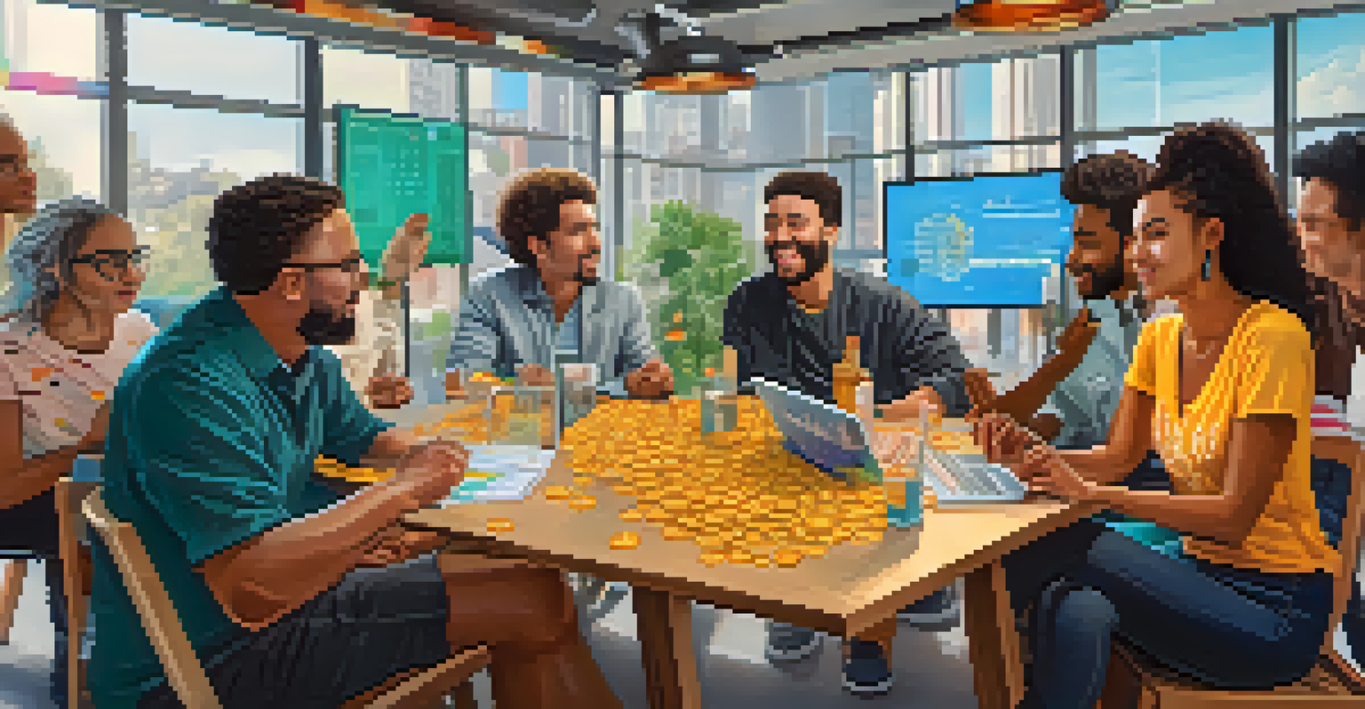 A diverse group of people discussing Bitcoin at a modern table with screens displaying charts in a bright environment.