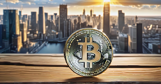 A Bitcoin coin on a wooden table with sunlight and a blurred city skyline in the background.