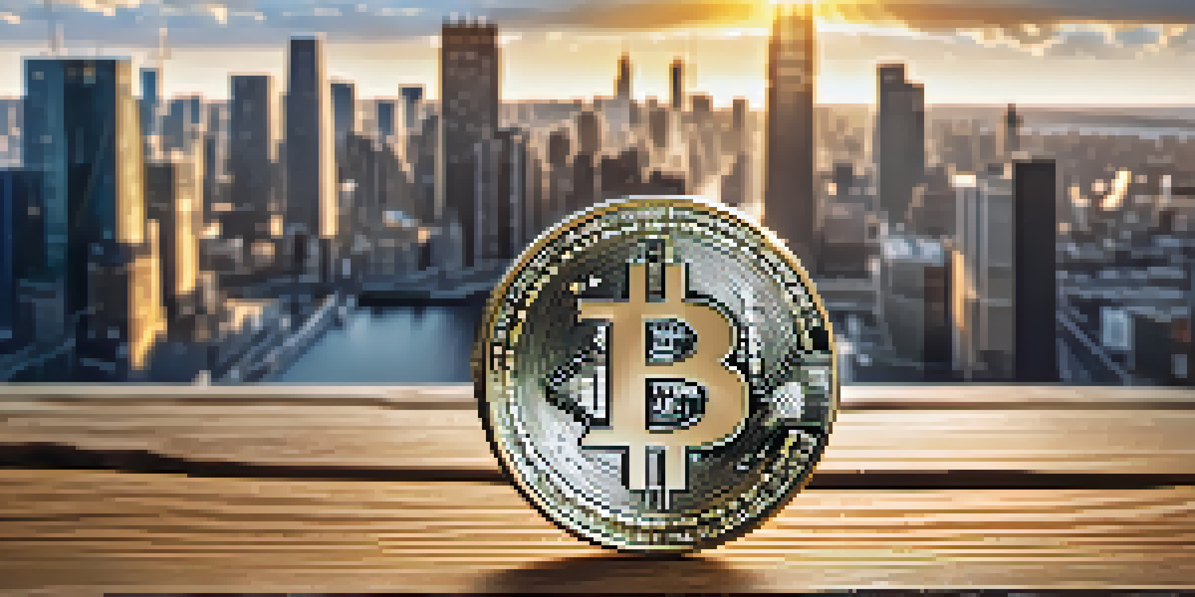 A Bitcoin coin on a wooden table with sunlight and a blurred city skyline in the background.
