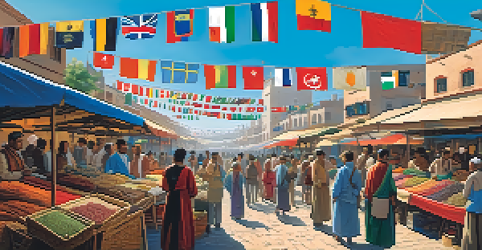 A lively marketplace with vendors from different countries exchanging goods, colorful stalls, and flags hanging overhead.
