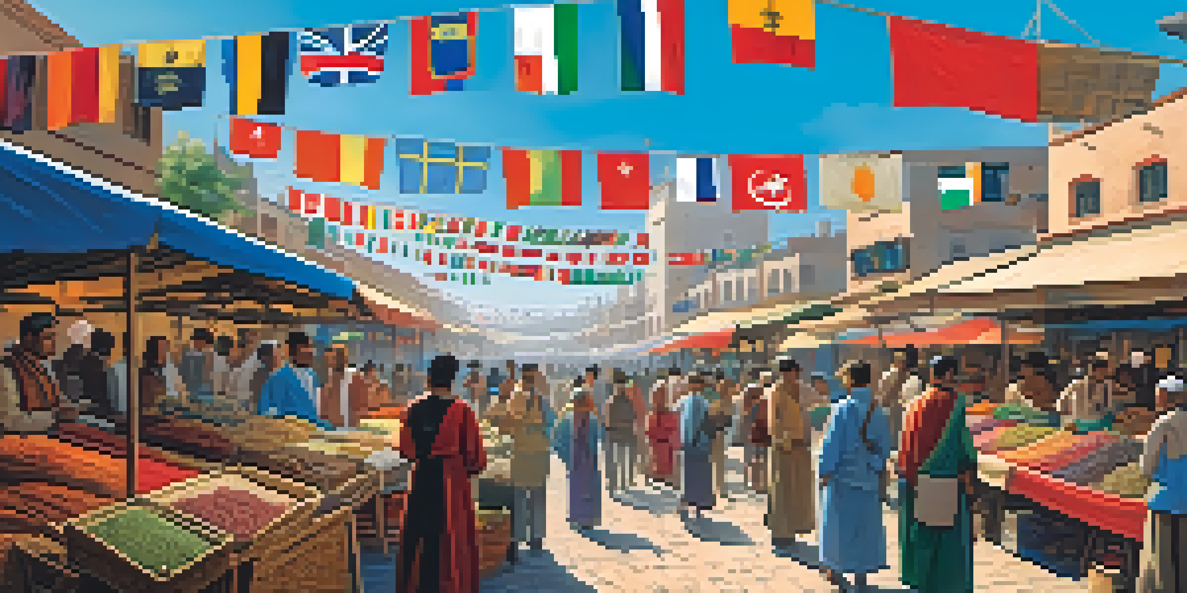 A lively marketplace with vendors from different countries exchanging goods, colorful stalls, and flags hanging overhead.