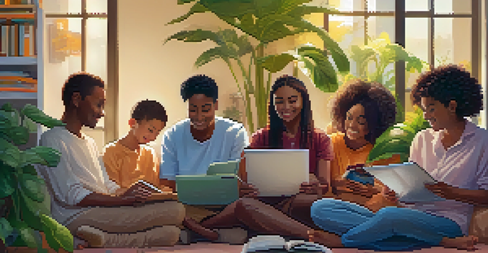 A diverse group of individuals around a tablet, engaging in online donations, with warm lighting and a community atmosphere.