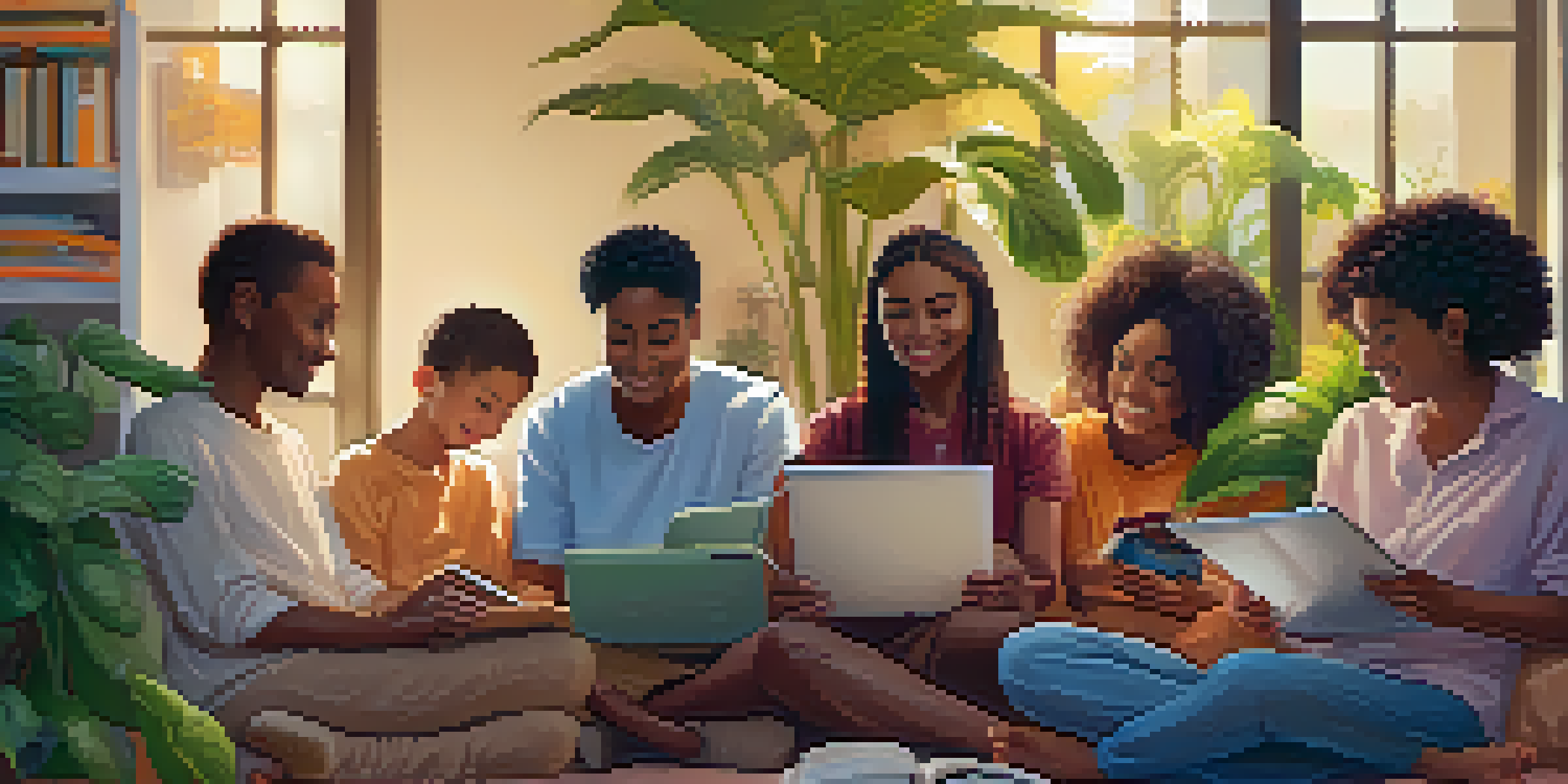 A diverse group of individuals around a tablet, engaging in online donations, with warm lighting and a community atmosphere.