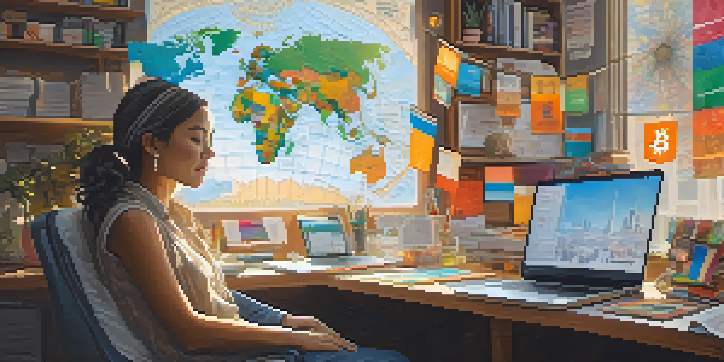 A small business owner in a bright office with a laptop showing Bitcoin transactions, surrounded by international trade paperwork and a world map.
