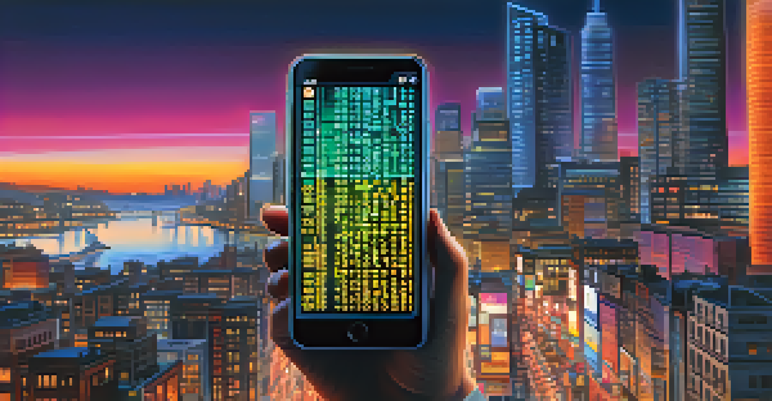A smartphone displaying a Bitcoin wallet interface in front of a vibrant city skyline at dusk.