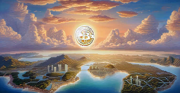 A glowing Bitcoin coin on a world map, representing global transactions, illuminated by soft pastel colors and sunlight.