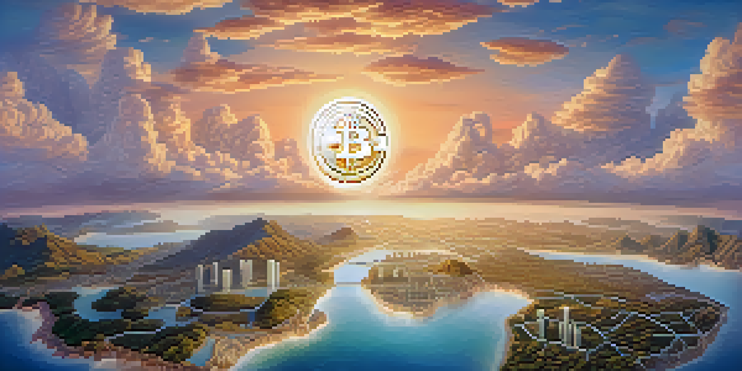 A glowing Bitcoin coin on a world map, representing global transactions, illuminated by soft pastel colors and sunlight.