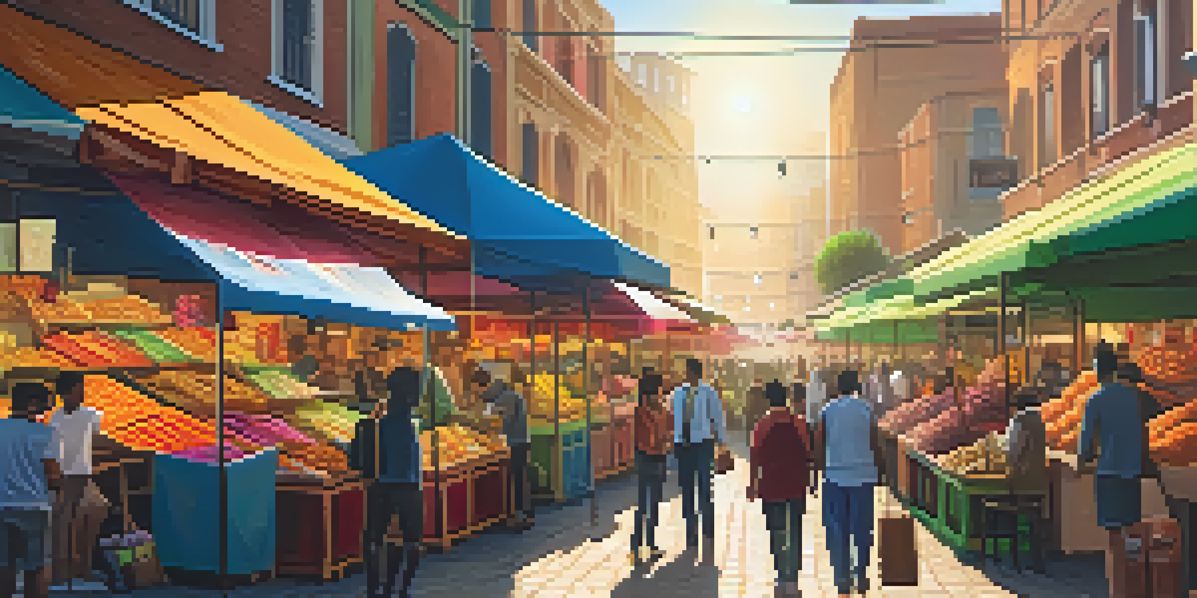 A bustling market in an emerging economy where people use smartphones for financial transactions, surrounded by colorful stalls and vibrant activity.