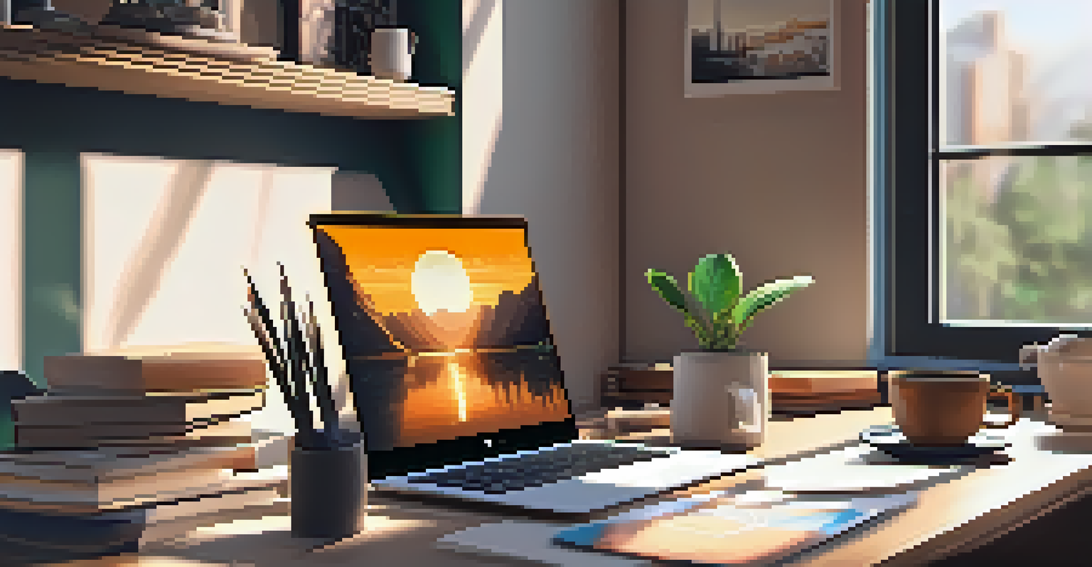 A cozy workspace with a person using a laptop to explore DeFi platforms, surrounded by cryptocurrency books and a cup of coffee in a naturally lit room.