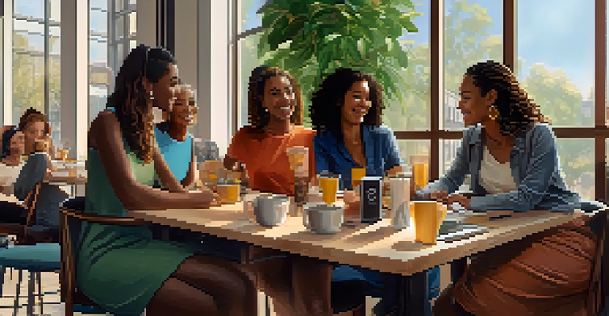 A diverse group of women discussing cryptocurrency in a modern café, sharing laptops and smartphones with Bitcoin symbols visible.