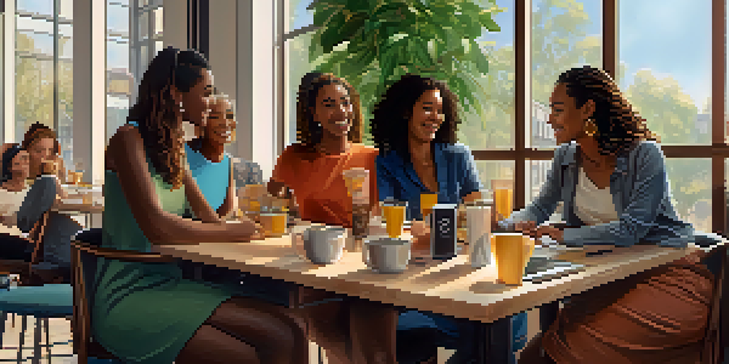 A diverse group of women discussing cryptocurrency in a modern café, sharing laptops and smartphones with Bitcoin symbols visible.