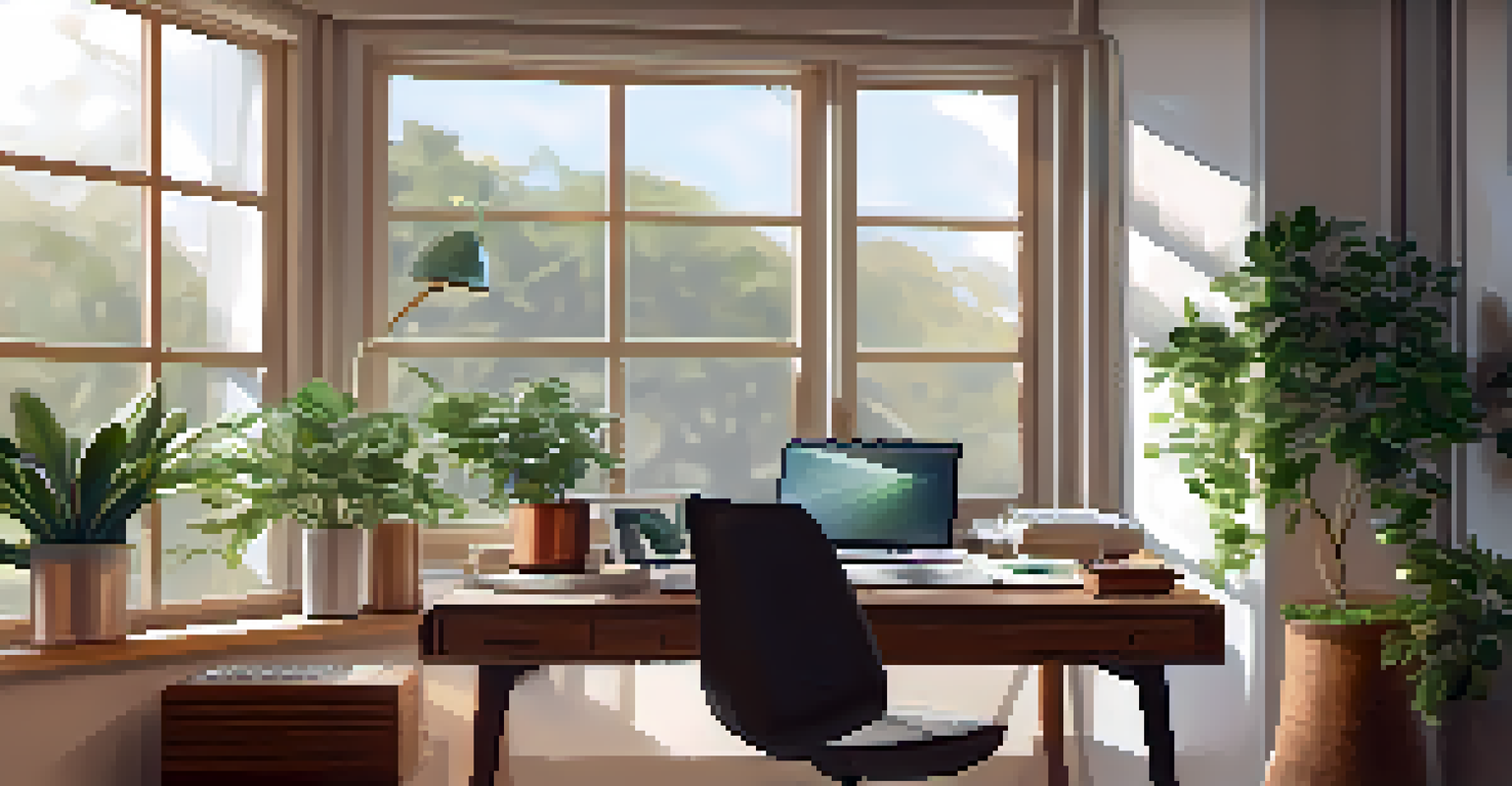 A stylish desk with a laptop, plant, and coffee cup in a bright room.