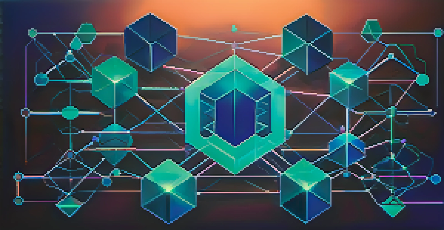 An abstract visual of decentralized finance with colorful geometric shapes and glowing lines on a dark background.