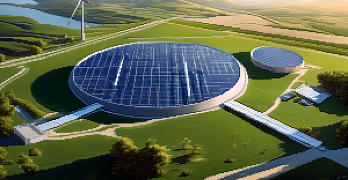 A modern Bitcoin mining facility with solar panels and wind turbines in a green landscape under a clear blue sky.