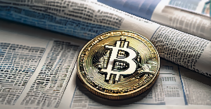 A Bitcoin coin on a financial newspaper with charts in the background, illuminated by soft natural light.