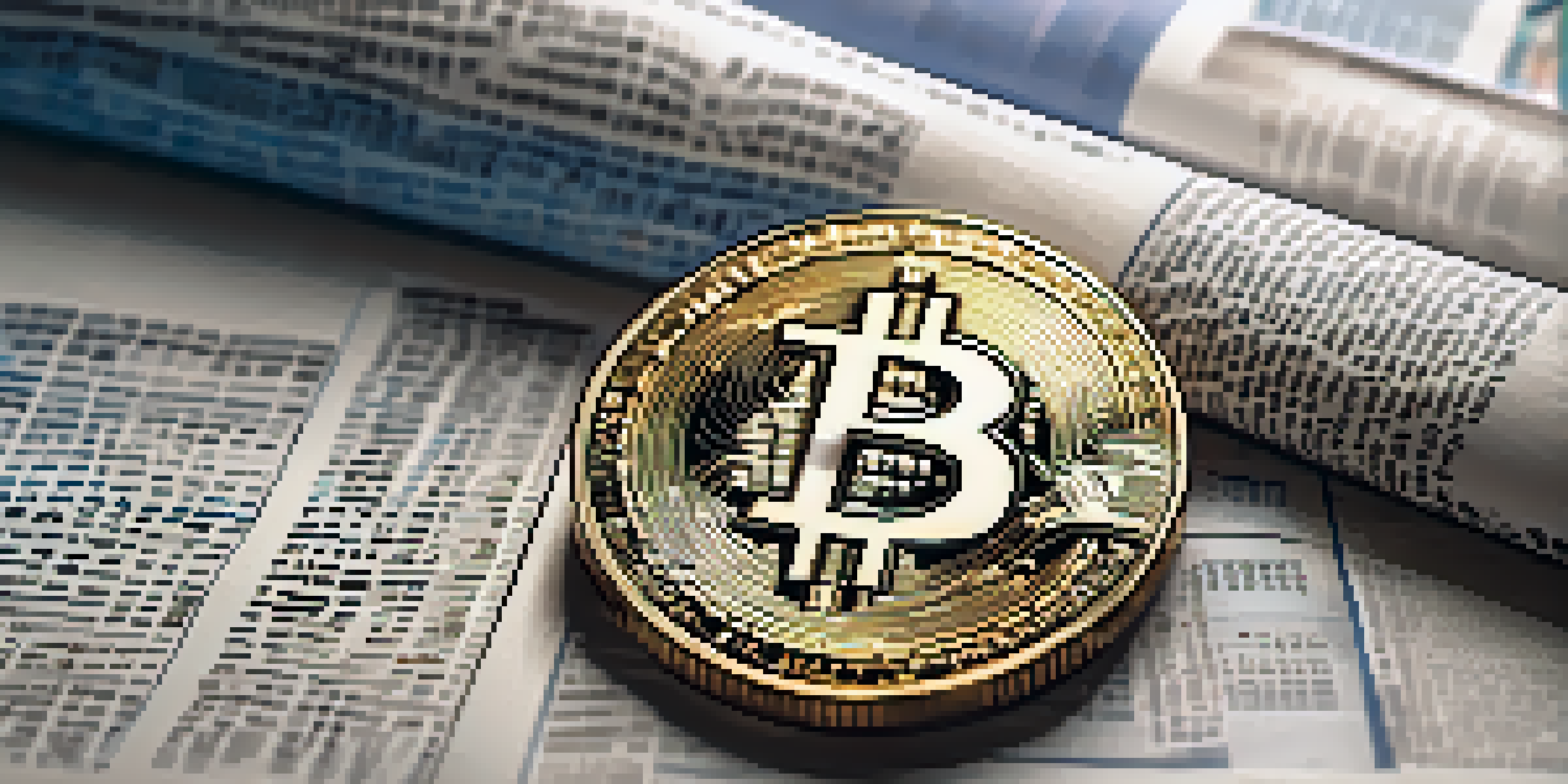 A Bitcoin coin on a financial newspaper with charts in the background, illuminated by soft natural light.