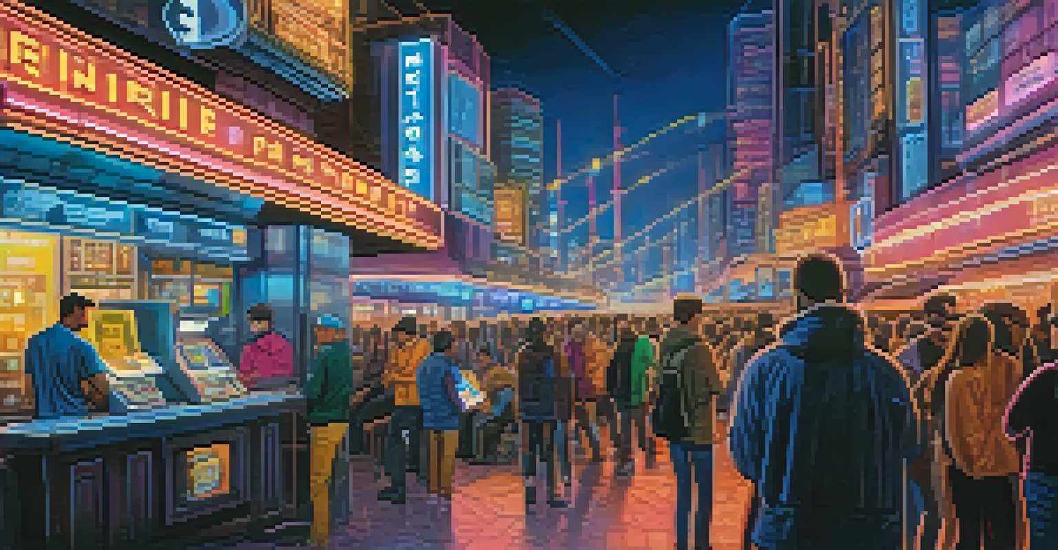 A person making a Bitcoin mobile payment in a vibrant city with neon lights and holographic displays, showcasing modern technology.
