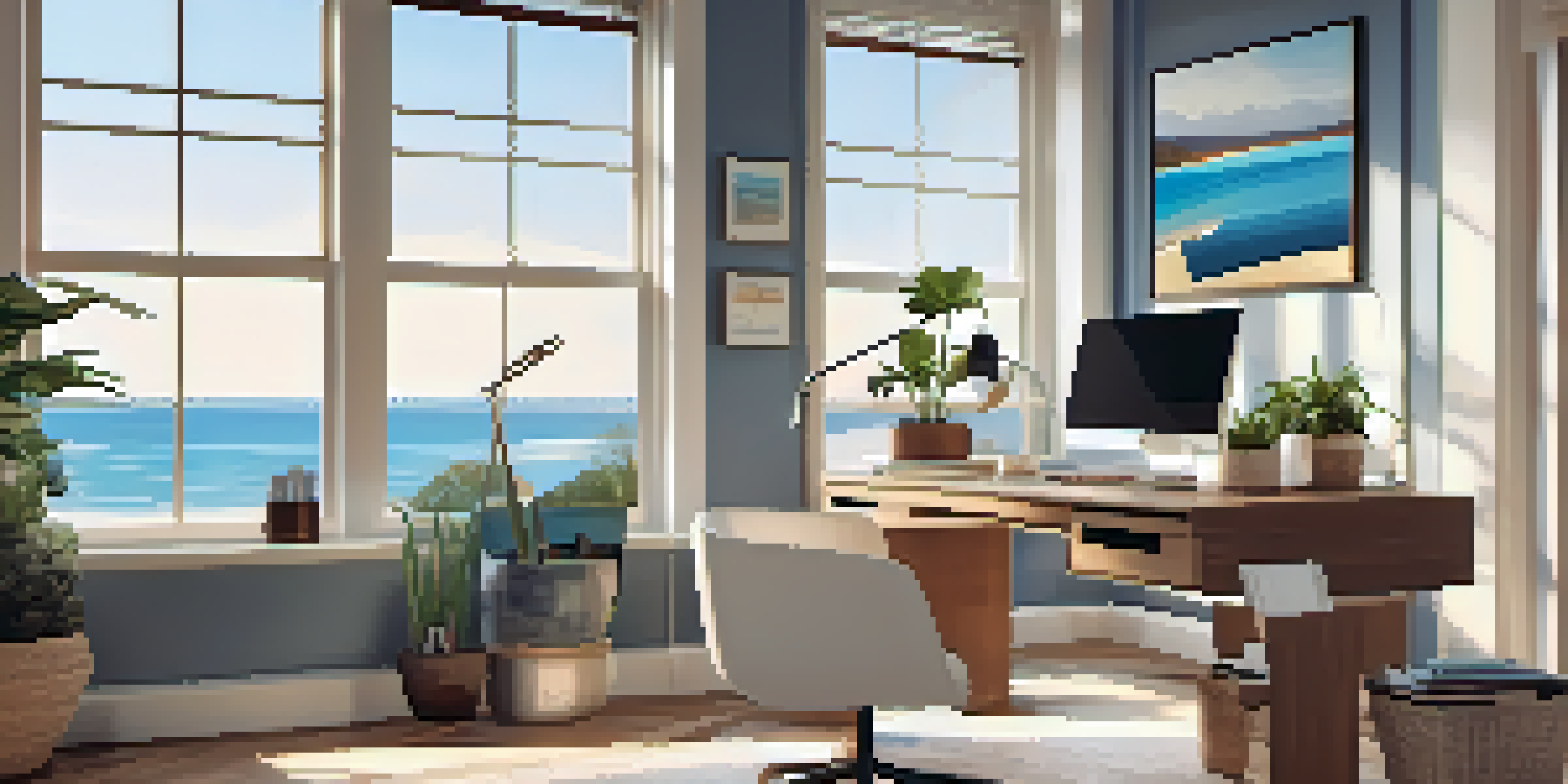 A home office with a laptop and a beach view outside the window, featuring sunlight and a cozy atmosphere.