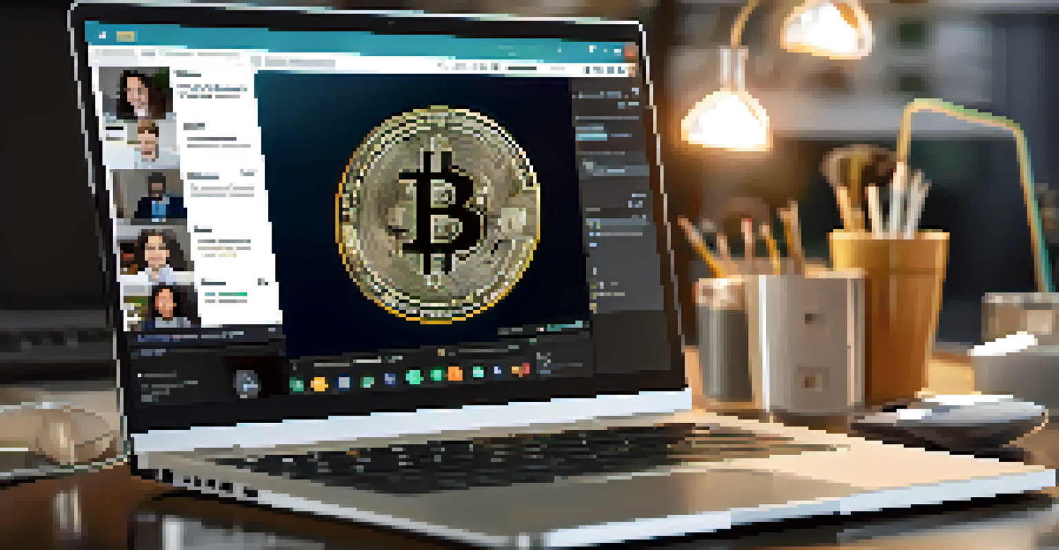 A Bitcoin coin on a laptop keyboard with a video call of a remote team in the background, symbolizing the use of cryptocurrency in remote work.