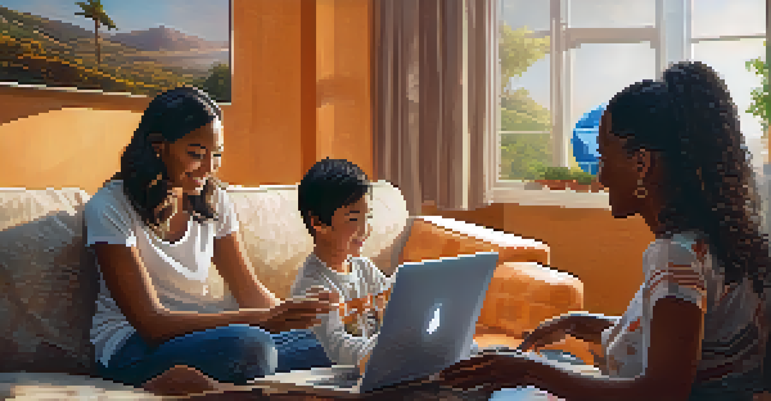 A mother and child in a cozy living room using a laptop to send money via Bitcoin, with a globe in the background.