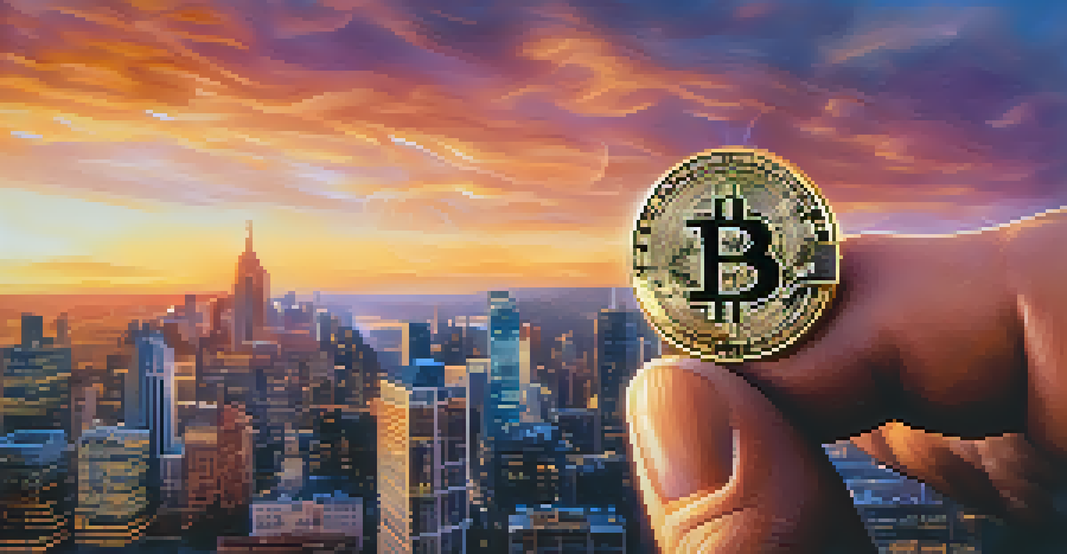 A hand holding a shining Bitcoin coin with a blurred city skyline in the background, symbolizing financial freedom.