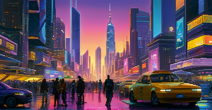 A vibrant futuristic city at dusk with neon lights, busy streets, and flying vehicles.