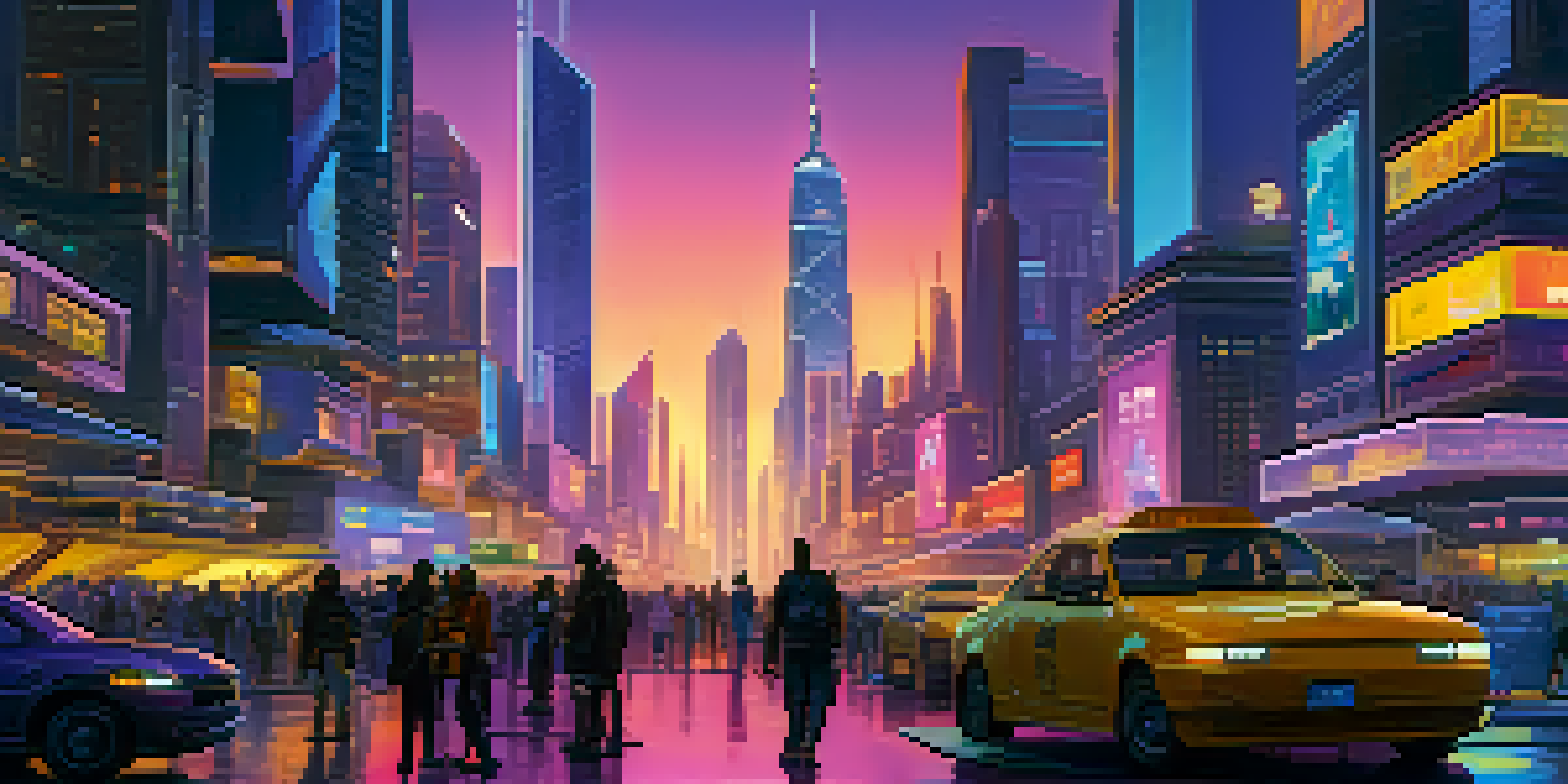 A vibrant futuristic city at dusk with neon lights, busy streets, and flying vehicles.