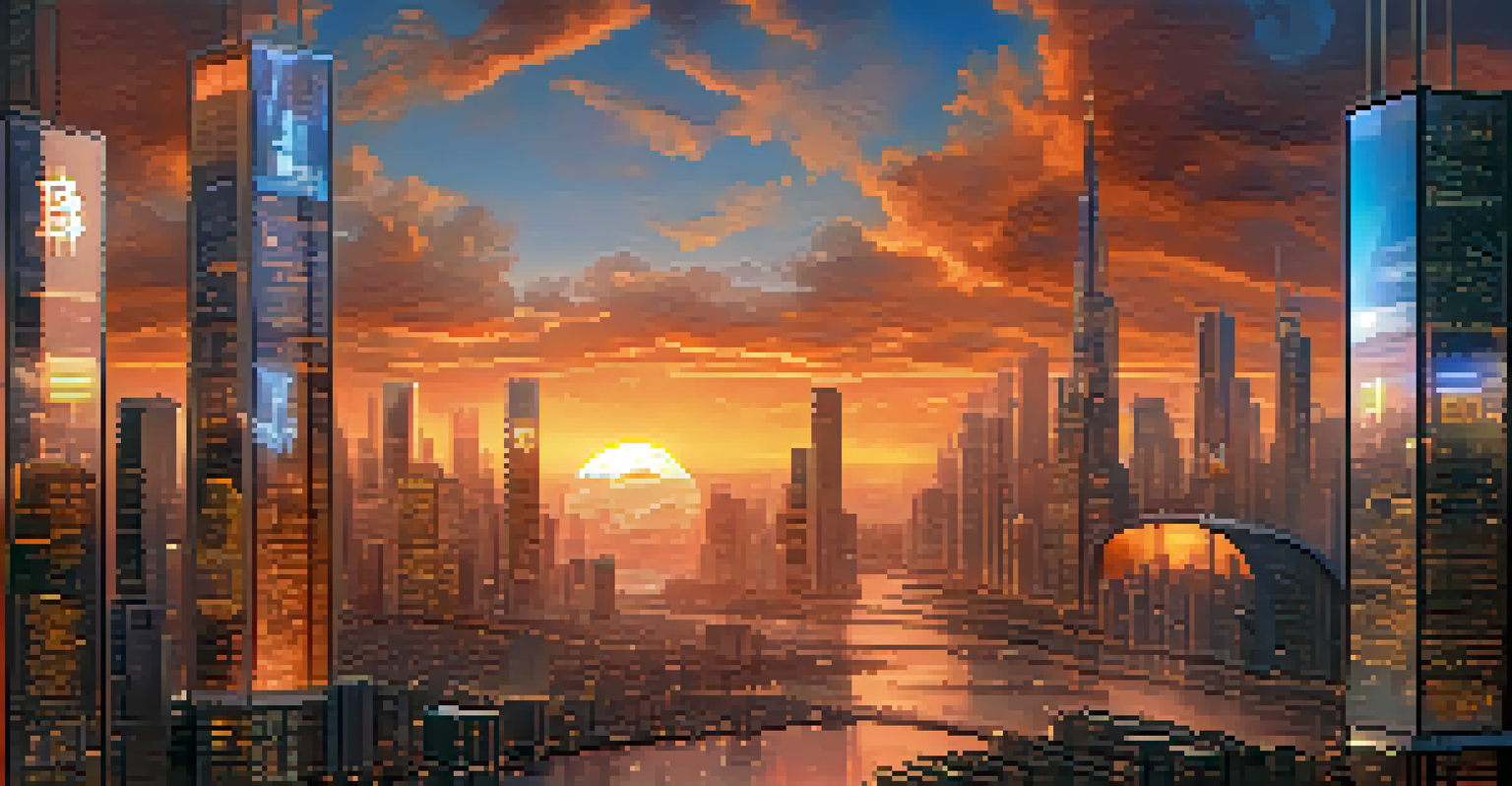 A city skyline at dusk with buildings displaying Bitcoin logos and cryptocurrency data, illuminated by a warm sunset.