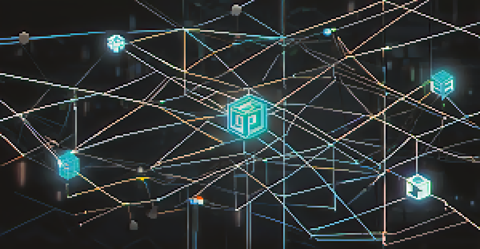 An abstract digital illustration of blockchain technology with glowing interconnected blocks and nodes.