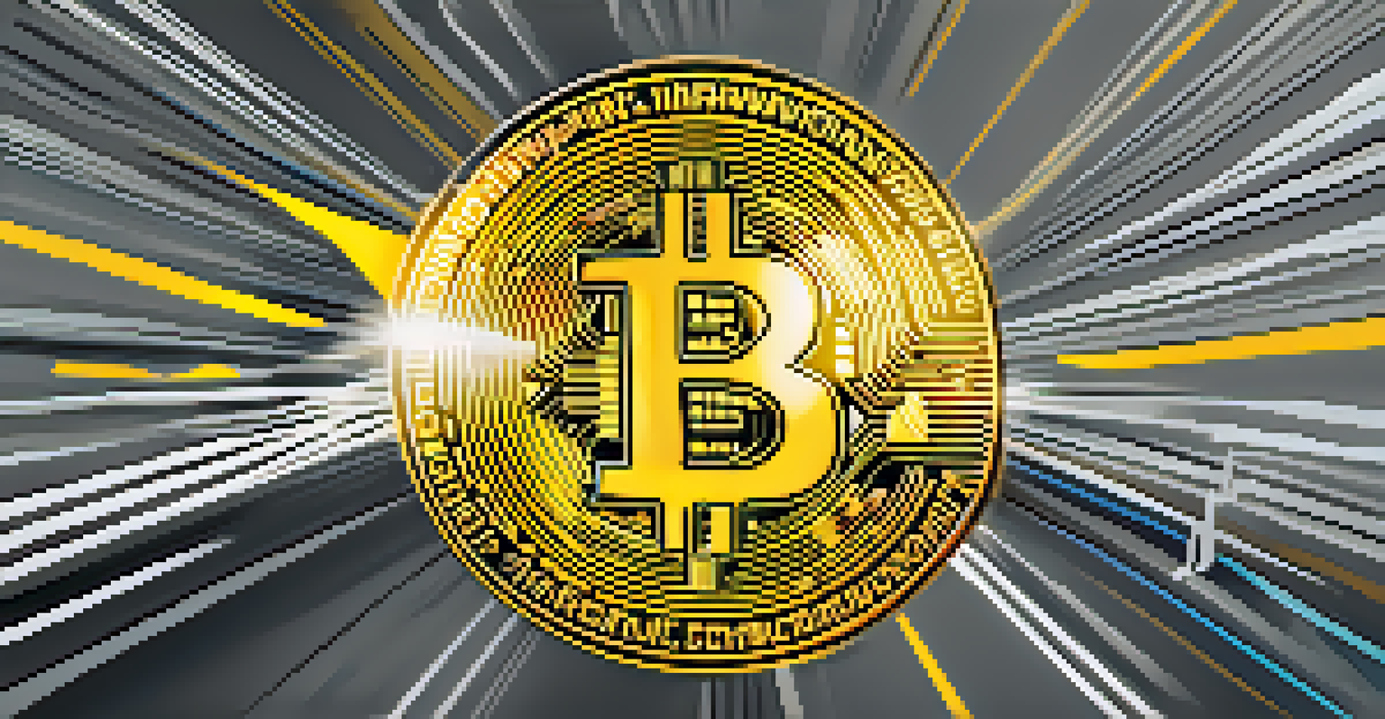 An abstract image showing a fast-moving Bitcoin symbol trail contrasted with a slow-moving traditional bank transfer represented by a clock and paperwork.
