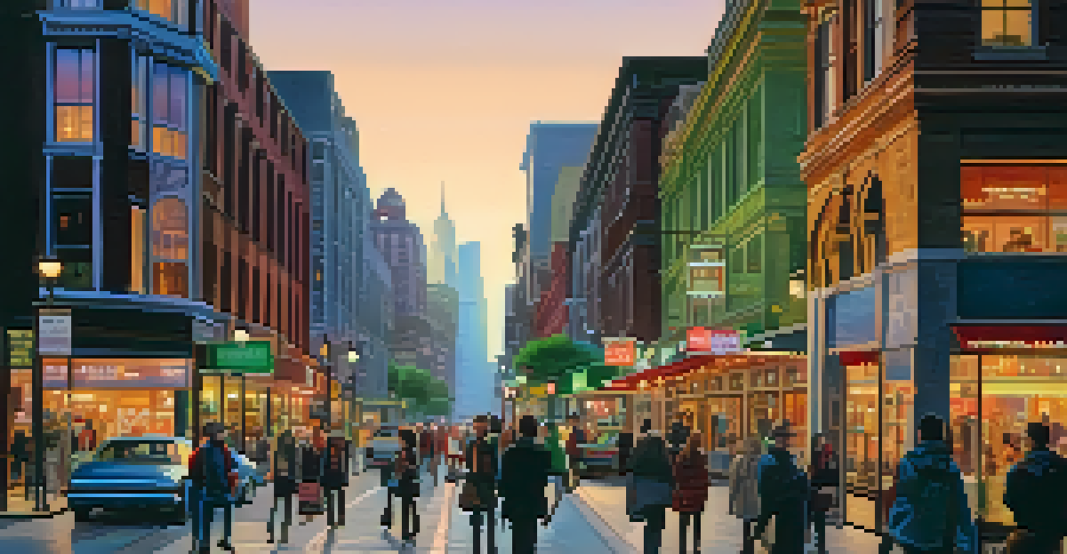 A lively city street at twilight filled with people and illuminated storefronts.