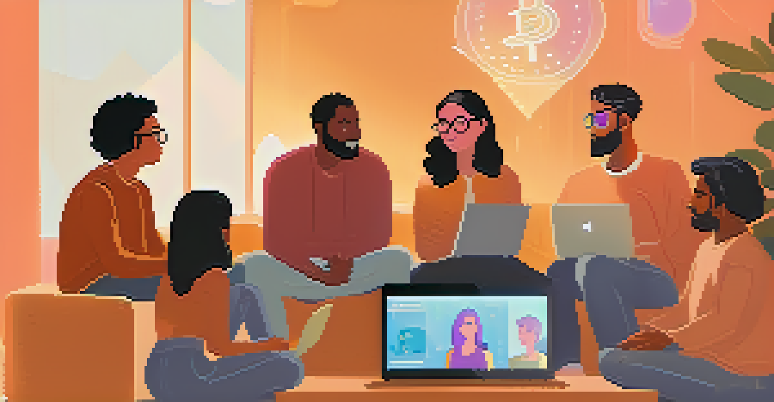 A virtual meeting with diverse young adults sharing tips about Bitcoin, surrounded by screens displaying educational content.