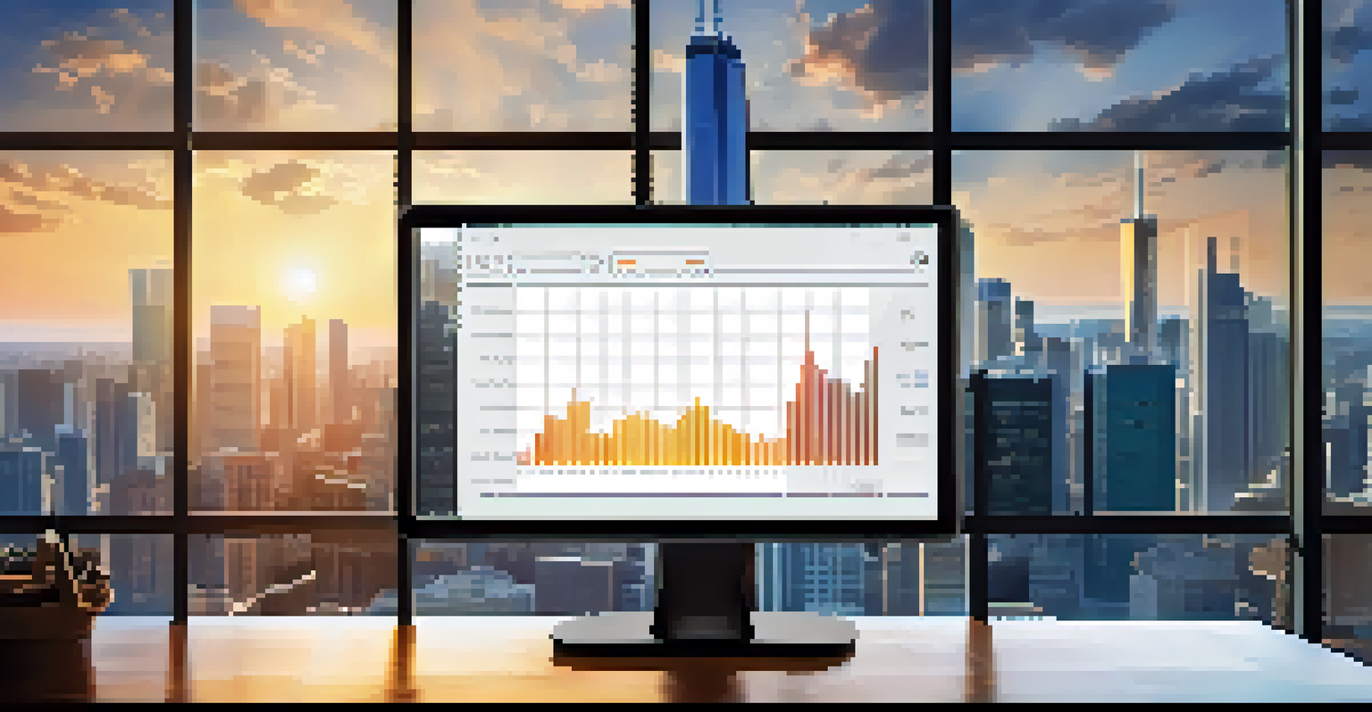 A person holding a tablet displaying a Bitcoin price chart in a modern office with a city skyline in the background.