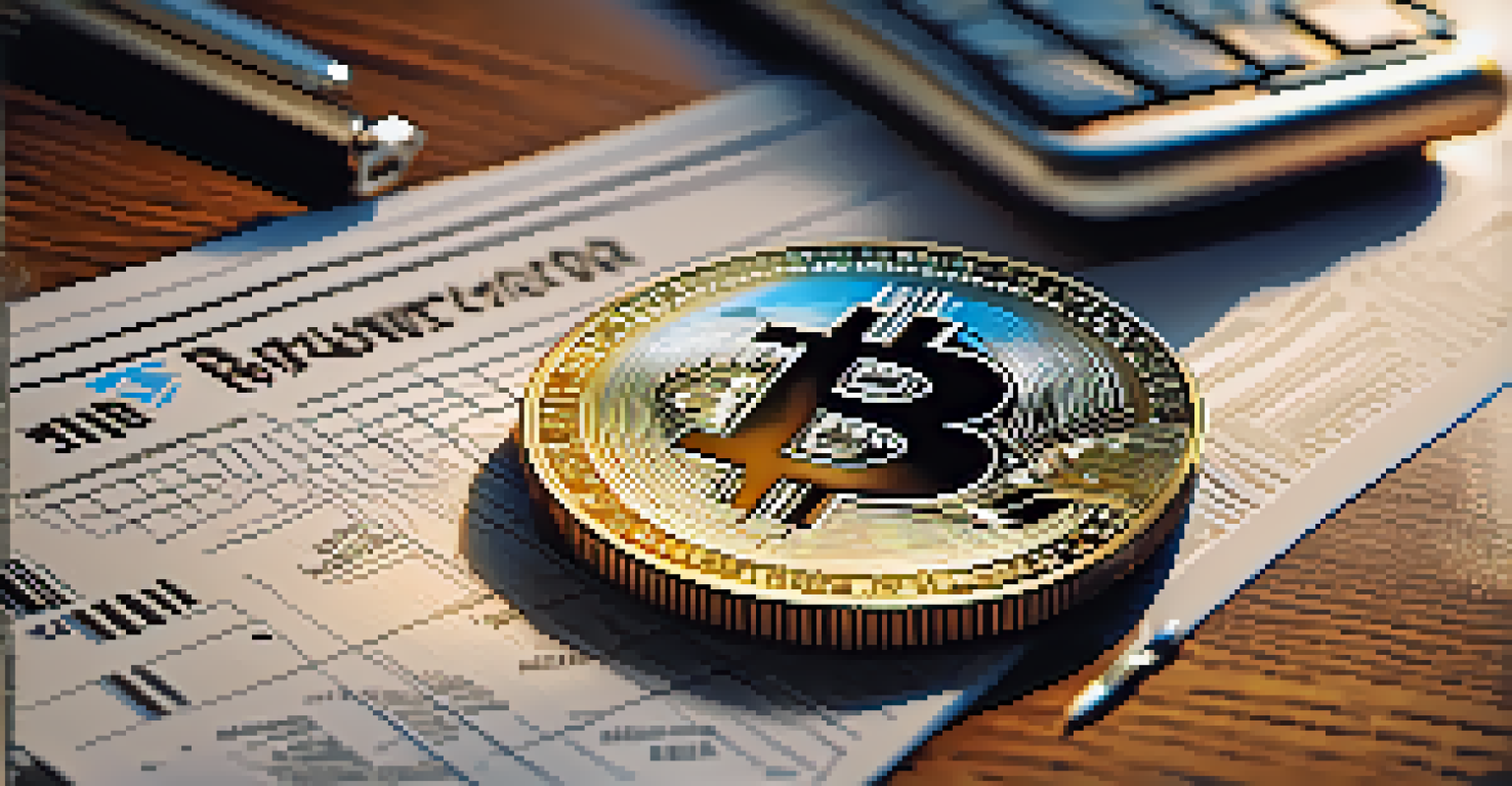 A close-up of a Bitcoin coin on a wooden table with financial documents and a smartphone in the background.
