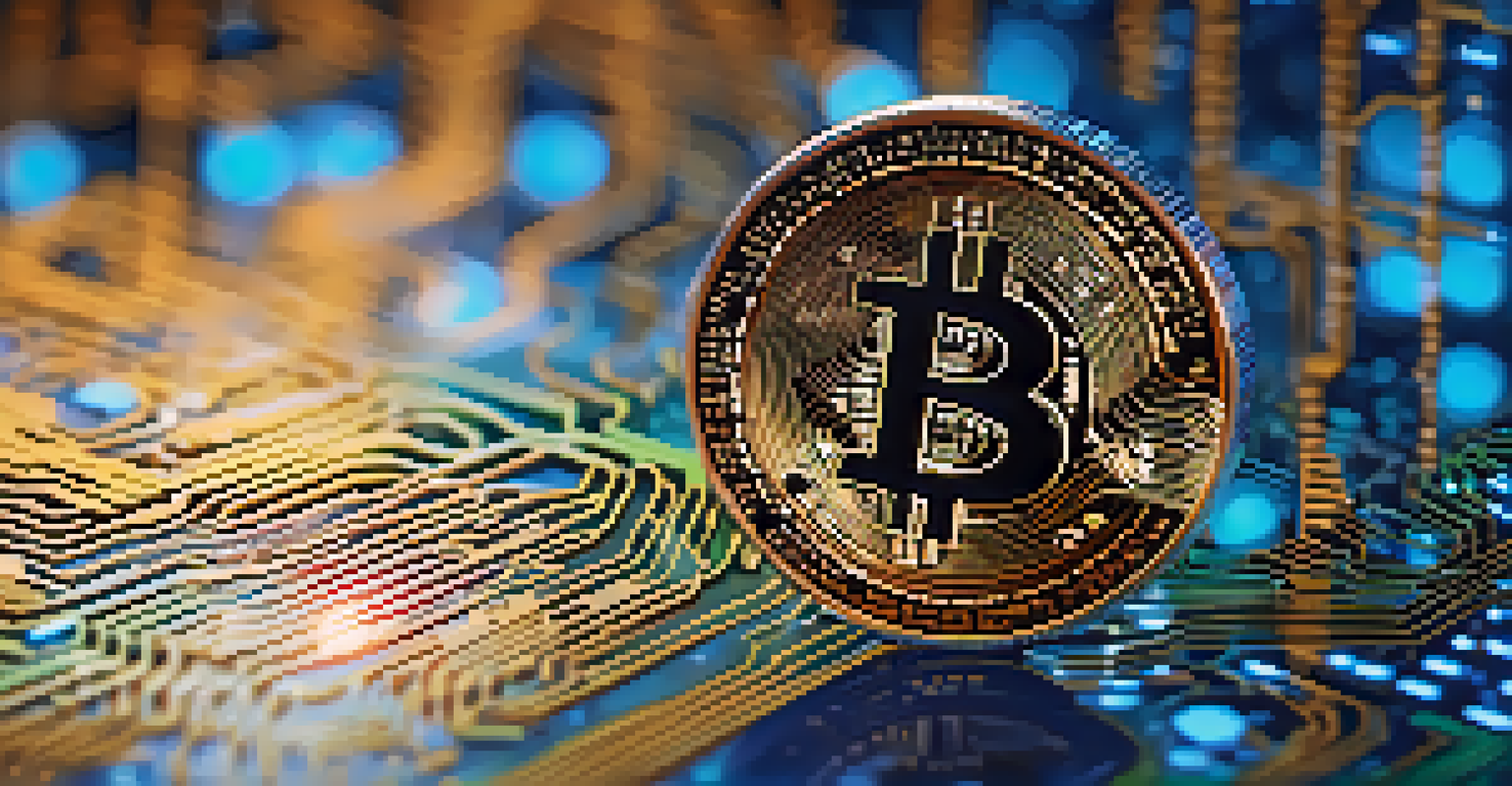 A detailed close-up of a Bitcoin coin on digital code, highlighting the cryptocurrency theme with a glowing background.
