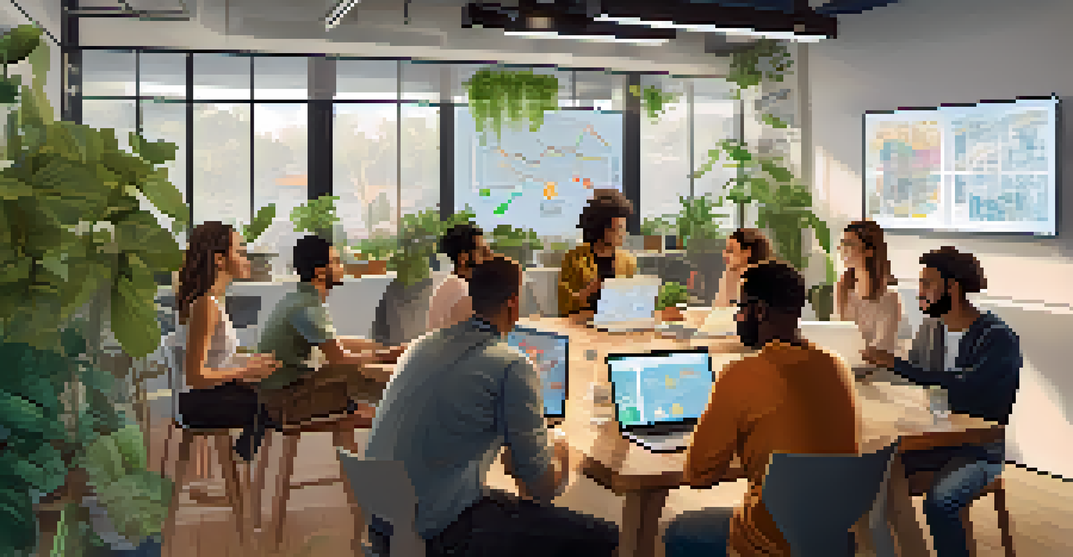 A diverse group of people in a modern co-working space discussing cryptocurrencies around a table with laptops open.