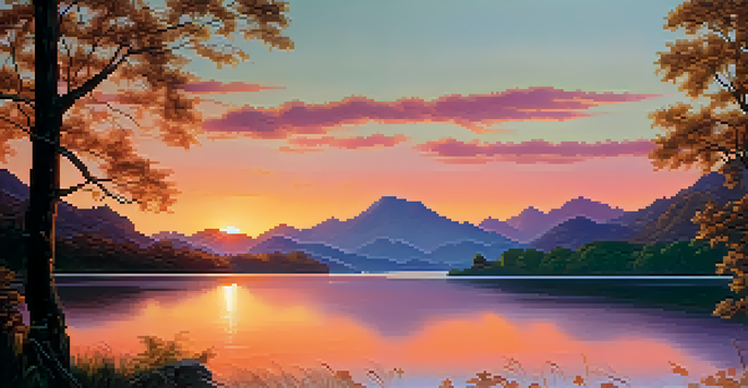 A beautiful sunset over a calm lake surrounded by mountains and trees.